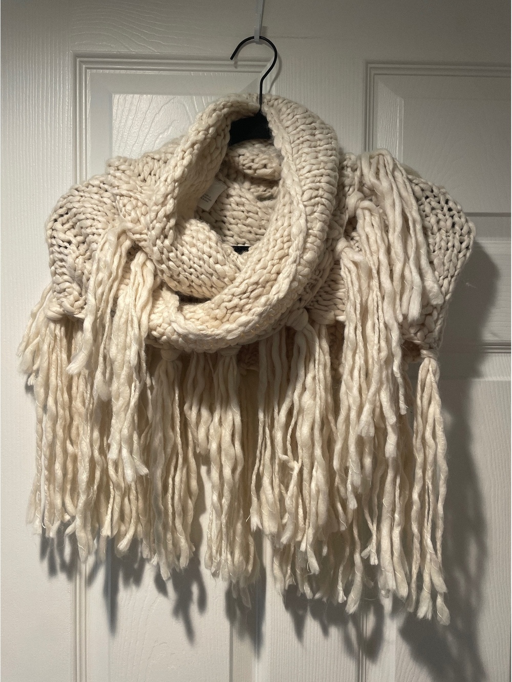 Chunky Cream Ivory Infinity Scarf Fringe Boho Cozy Knit Circular Wrap One Size